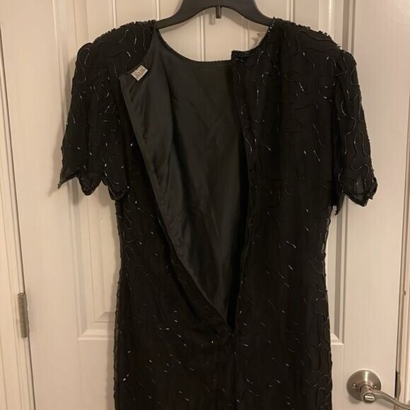 NWT Vtg. LAWRENCE KAZAR BLACK beaded handmade short sleeve SILK DRESS women’s  L - Picture 11 of 16